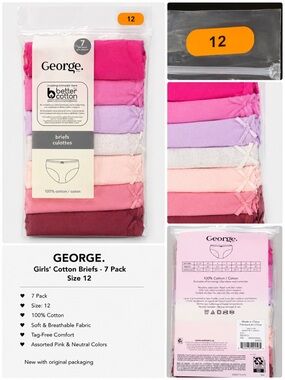 George Girls' 7-Pack Cotton Briefs in Pink, Lavender & Burgundy